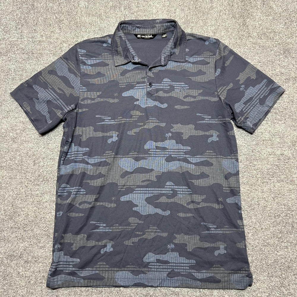 TravisMathew Polo Shirt Mens Large Blue Camo Pima Cotton Golf Casual Performance